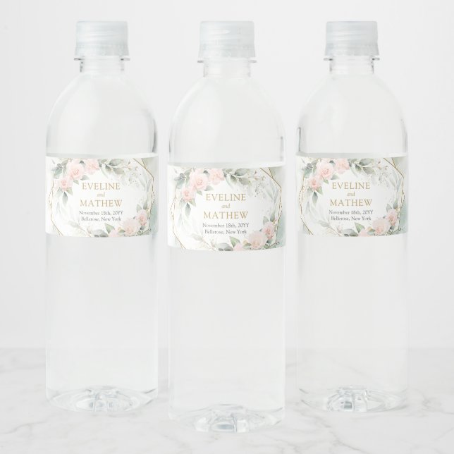 Boho Blush floral gold glitter eucalyptus wedding Water Bottle Label (Bottles)