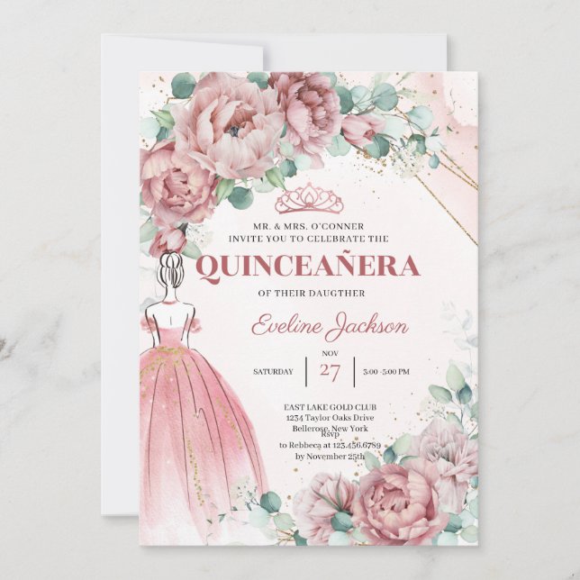 Boho blush floral gold Princess Dress Quinceanera Invitation (Front)