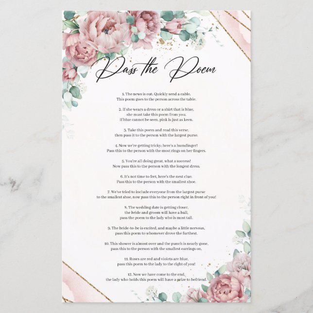 Boho Blush floral peonies eucalyptus Pass The Poem (Front)