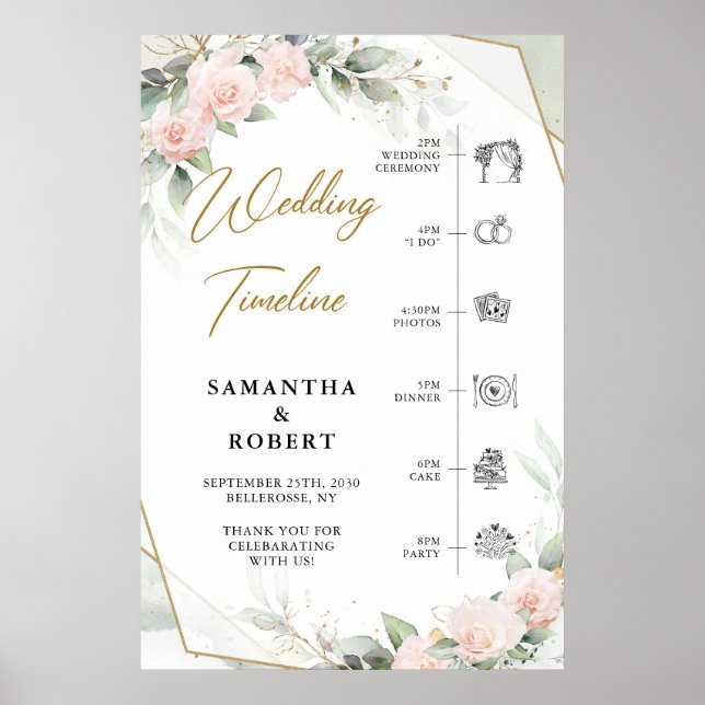 Boho blush flowers eucalyptus wedding Timeline Poster (Front)