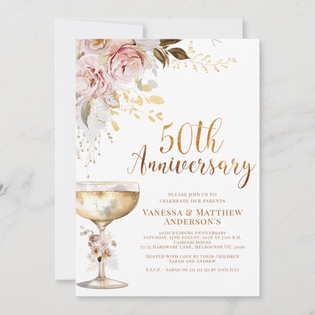 Boho Blush Gold Floral 50th Anniversary Invitation (Front)