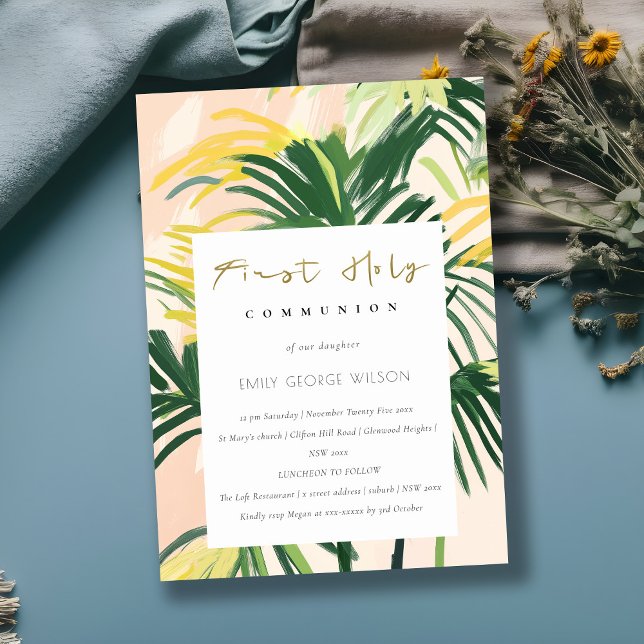 Boho Blush Green Tropic Palm First Holy Communion Invitation (Creator Uploaded)
