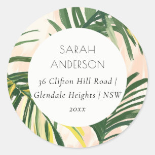 Boho Blush Green Tropical Palm Beach Address Classic Round Sticker