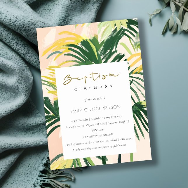 Boho Blush Green Tropical Palm Beach Baptism Invitation (Creator Uploaded)