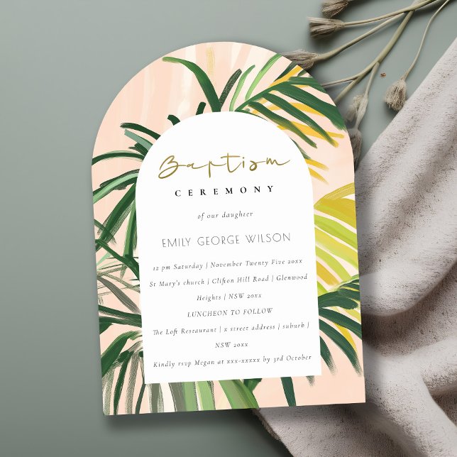 Boho Blush Green Tropical Palm Beach Baptism Invitation (Creator Uploaded)