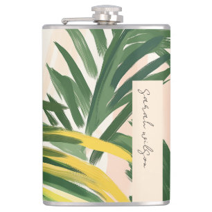 Boho Blush Green Tropical Palm Beach Leaves Hip Flask