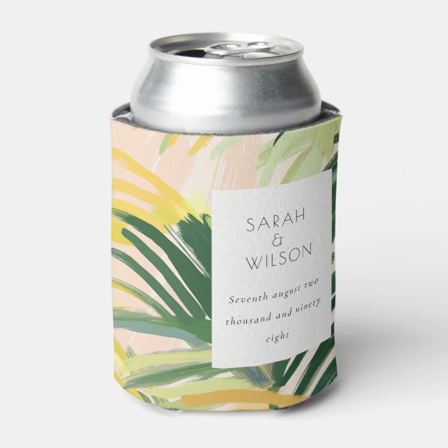 Boho Blush Green Tropical Palm Beach Wedding Can Cooler (Can Front)