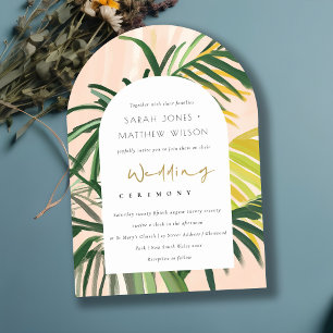 Boho Blush Green Tropical Palm Beach Wedding Invitation