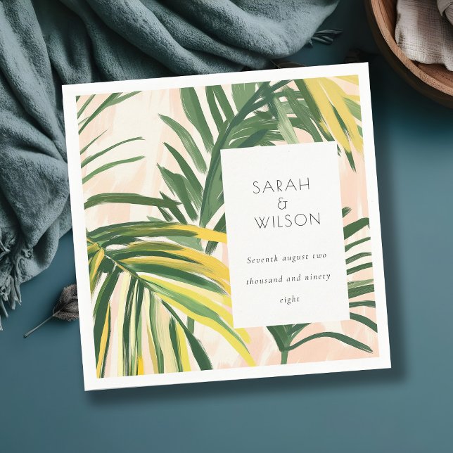Boho Blush Green Tropical Palm Beach Wedding Napkin (Creator Uploaded)