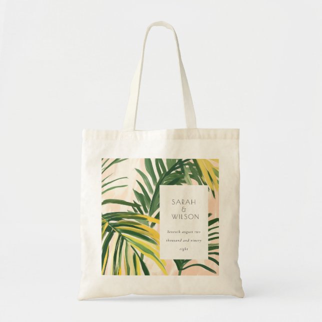 Boho Blush Green Tropical Palm Beach Wedding Tote Bag (Front)