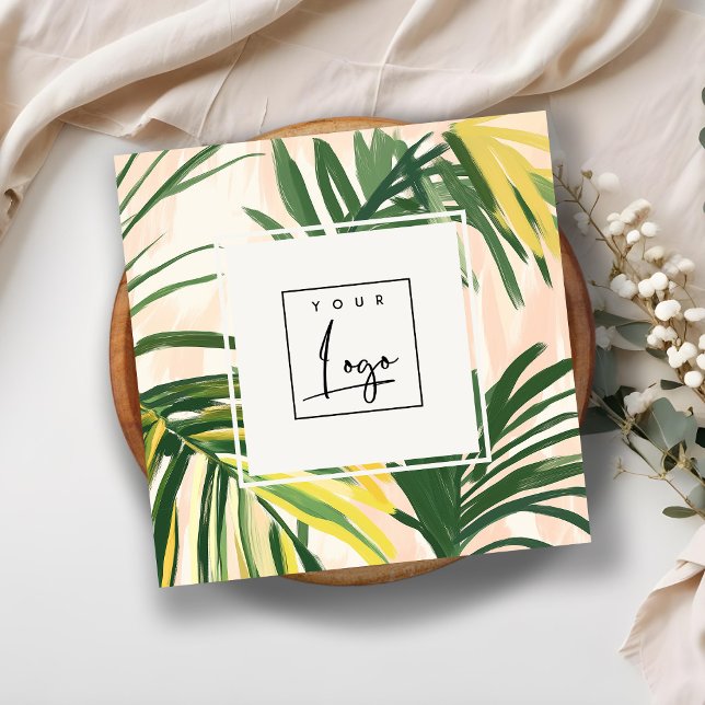 Boho Blush Green Tropical Palm Leaves Beach Logo Square Business Card (Creator Uploaded)
