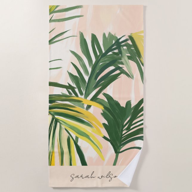 Boho Blush Green Tropical Palm Leaves Beach Towel (Front)