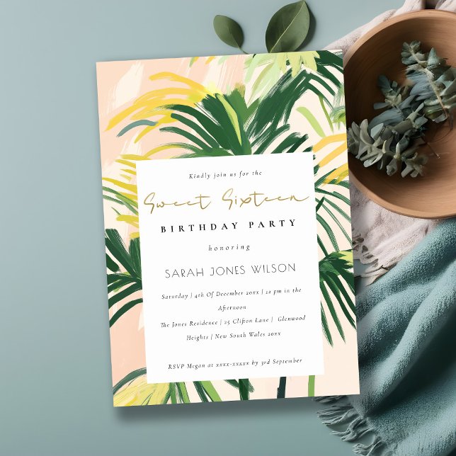 Boho Blush Green Tropical Palm Sweet 16 Birthday Invitation (Creator Uploaded)