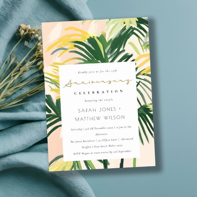 Boho Blush Green Tropical Palm Wedding Anniversary Invitation (Creator Uploaded)