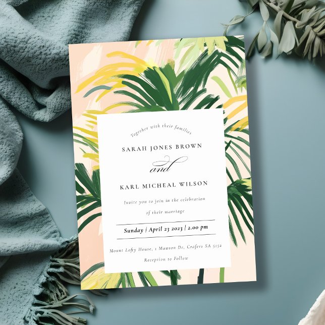 Boho Blush Green Tropical Palm Wedding Invitation (Creator Uploaded)