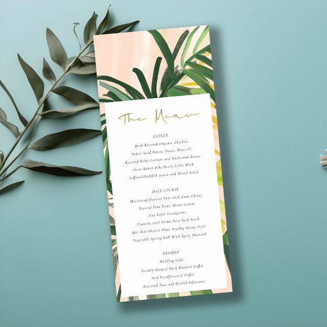 Boho Blush Green Tropical Palm Wedding Menu Card (Creator Uploaded)