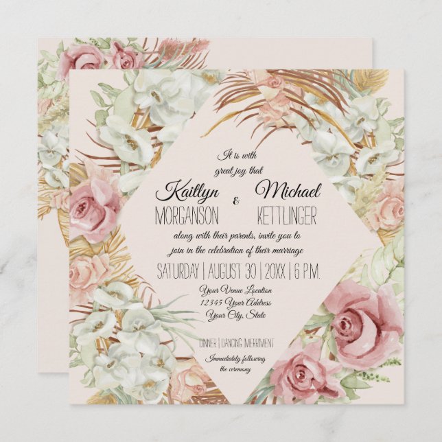 BOHO Blush Orchid Floral Pampas Grass Palm Foliage Invitation (Front/Back)