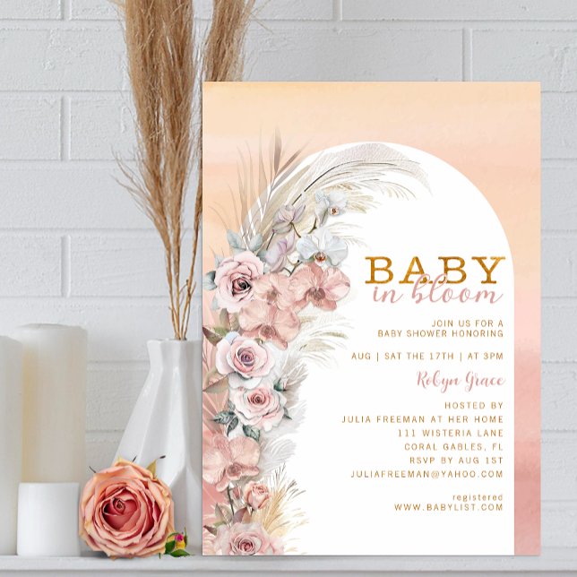 Boho Blush Pampas Baby in Bloom Invitation (Beautiful Baby In Bloom Invitation)