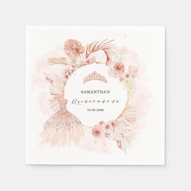 Boho Blush Pampas Glitter Dress Quinceanera Napkin (Front)