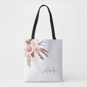 Boho Blush Pampas Grass Floral Monogram Tote Bag