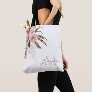 Boho Blush Pampas Grass Floral Monogram Tote Bag