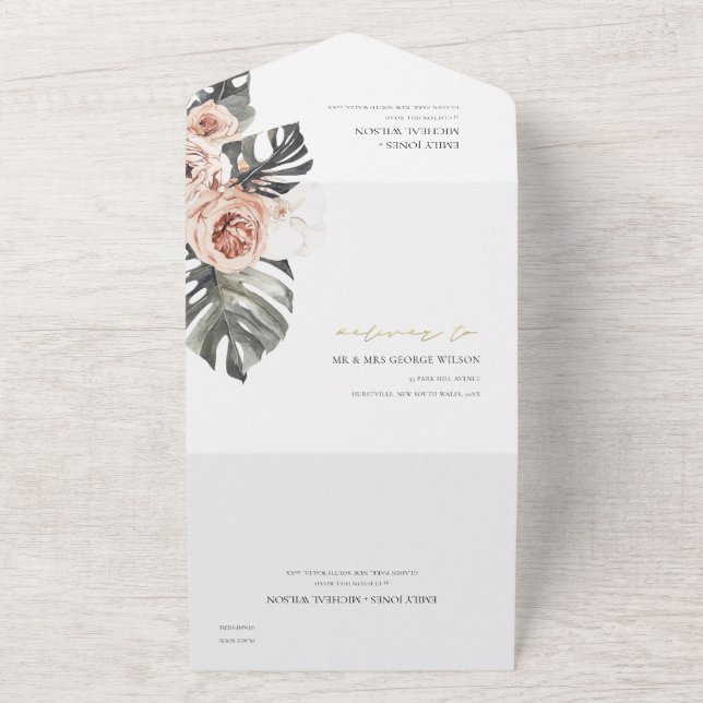 BOHO BLUSH PEACH FLORAL MONSTRERA LEAF WEDDING ALL IN ONE INVITATION (Outside)