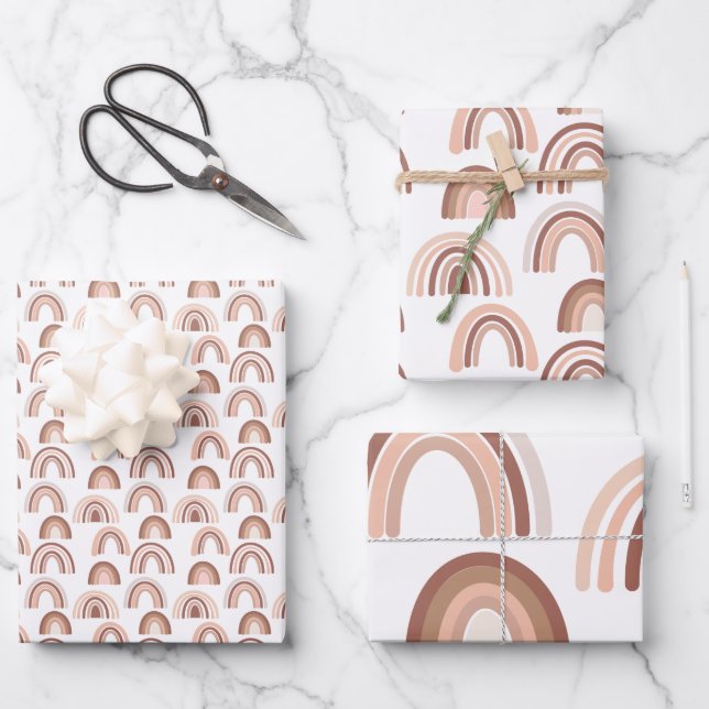 Boho Blush Pink Beige Rainbow Wrapping Paper Sheet (Front)