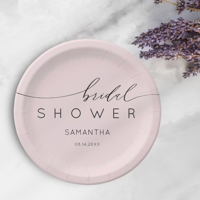 Boho Blush Pink & Black Calligraphy Bridal Shower Paper Plate (Creator Uploaded)