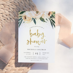 Boho Blush Pink & Brushed Gold Script Baby Shower Invitation