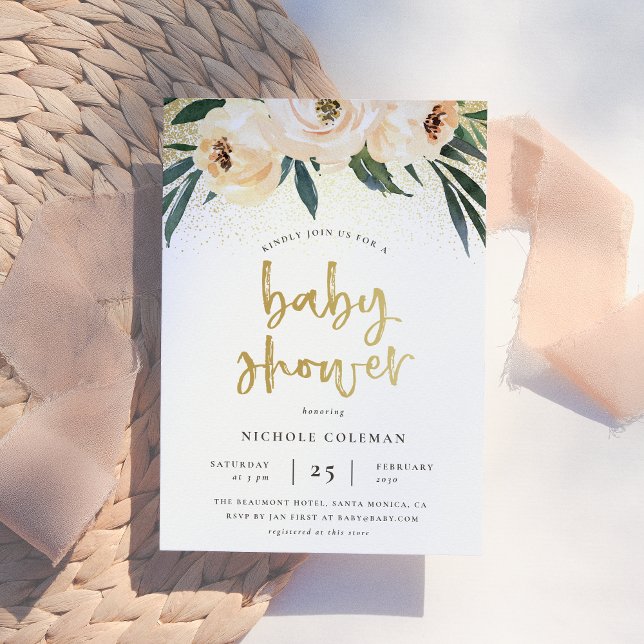 Boho Blush Pink & Brushed Gold Script Baby Shower Invitation (Creator Uploaded)