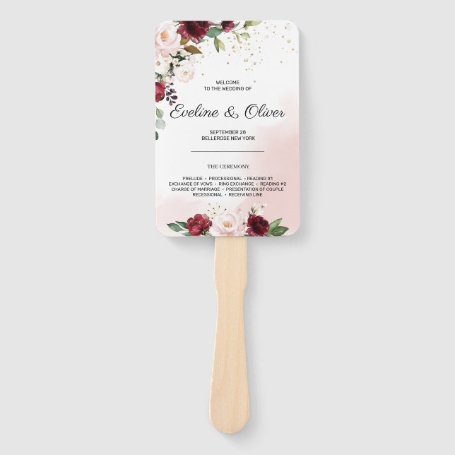 Boho blush pink burgundy floral modern wedding hand fan (Front)