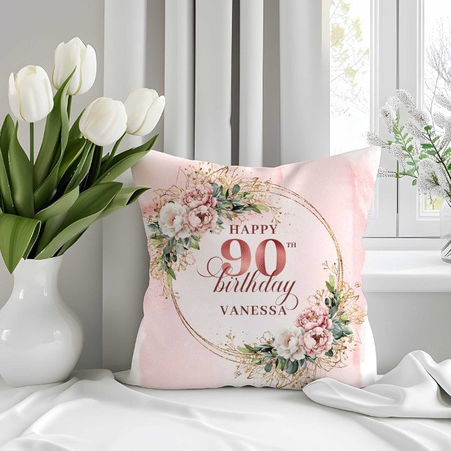 Boho Blush Pink Floral 90th Birthday Pillow (Boho Blush Pink Floral 90th Birthday Pillow)