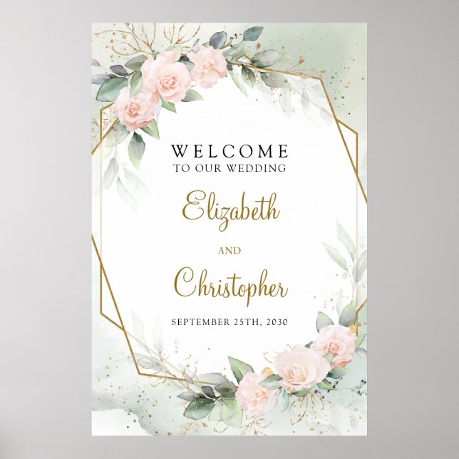 Boho Blush Pink Floral and Gold Welcome Sign (Front)
