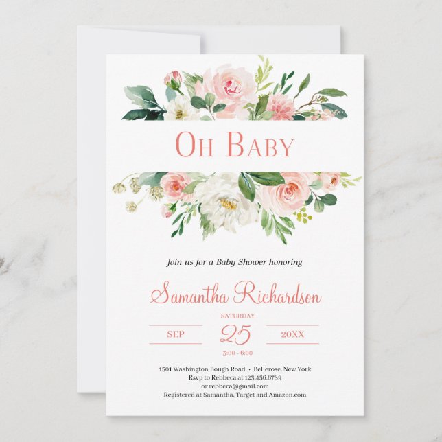 Boho Blush Pink Floral and Greenery Modern Baby Invitation (Front)