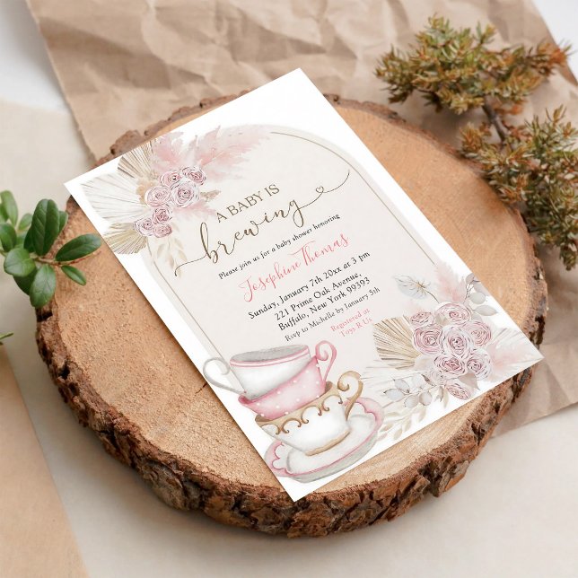 Boho Blush Pink Floral Baby Brewing Tea Invitation (Creator Uploaded)