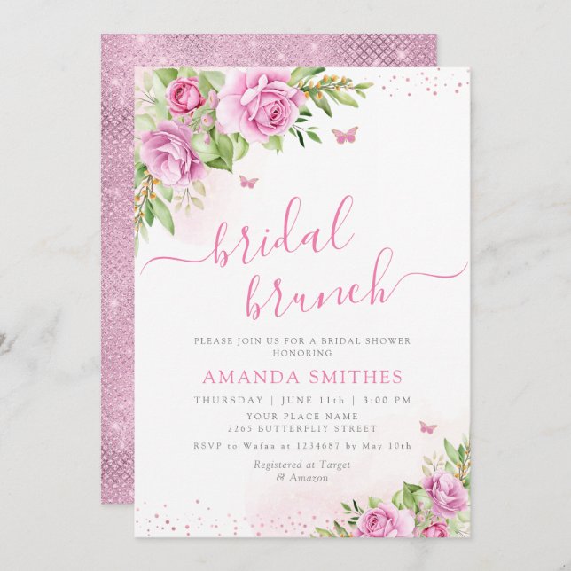 Boho Blush Pink Floral Bridal Brunch Bridal Shower Invitation (Front/Back)