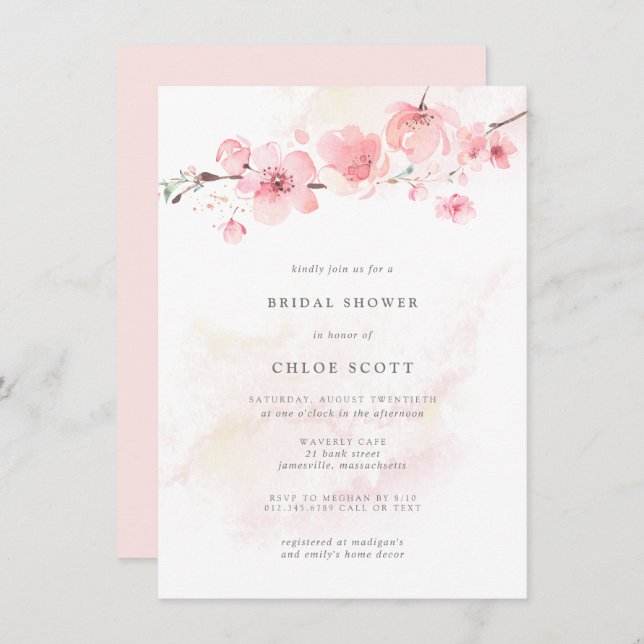 Boho Blush Pink Floral Bridal Shower Invitation (Front/Back)