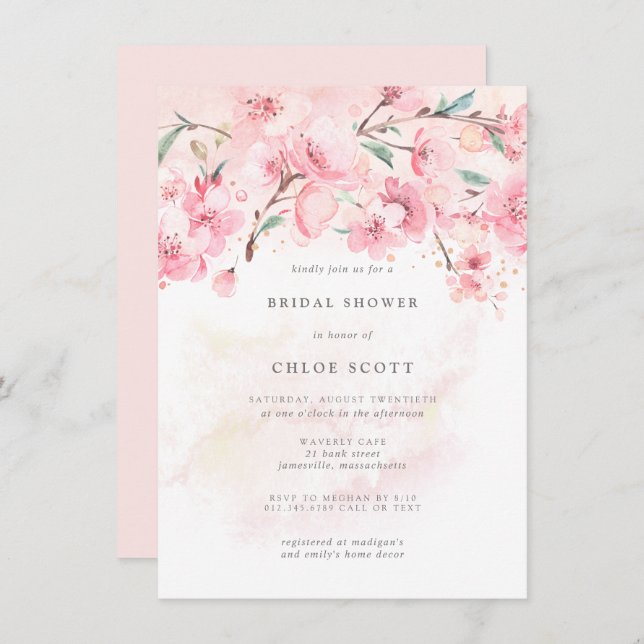 Boho Blush Pink Floral Bridal Shower Invitation (Front/Back)