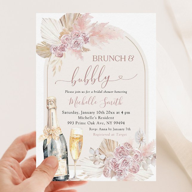 Boho Blush Pink Floral Brunch Bubbly Bridal Shower Invitation (Creator Uploaded)
