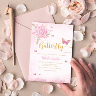 Boho Blush Pink Floral Butterfly Girl Baby Shower Invitation