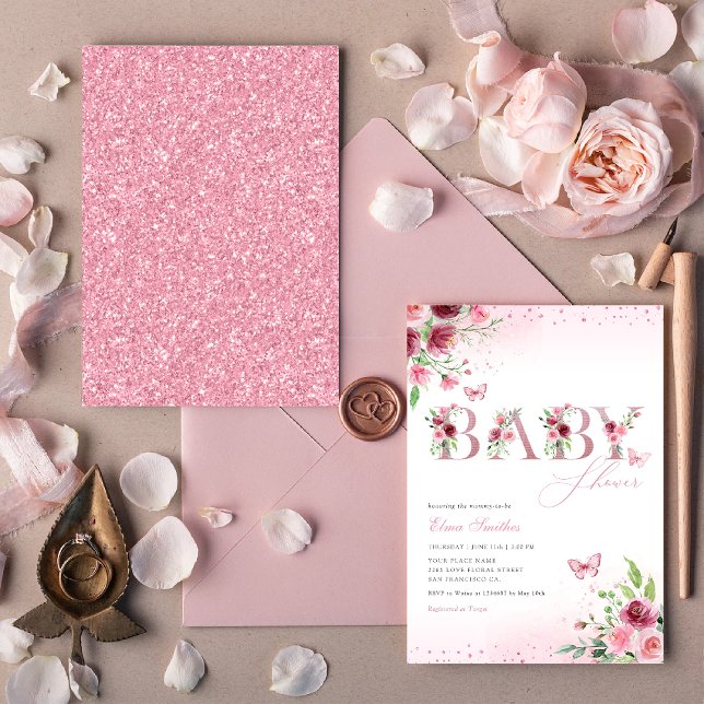 Boho Blush Pink Floral Butterfly Girl Baby Shower  Invitation (Creator Uploaded)