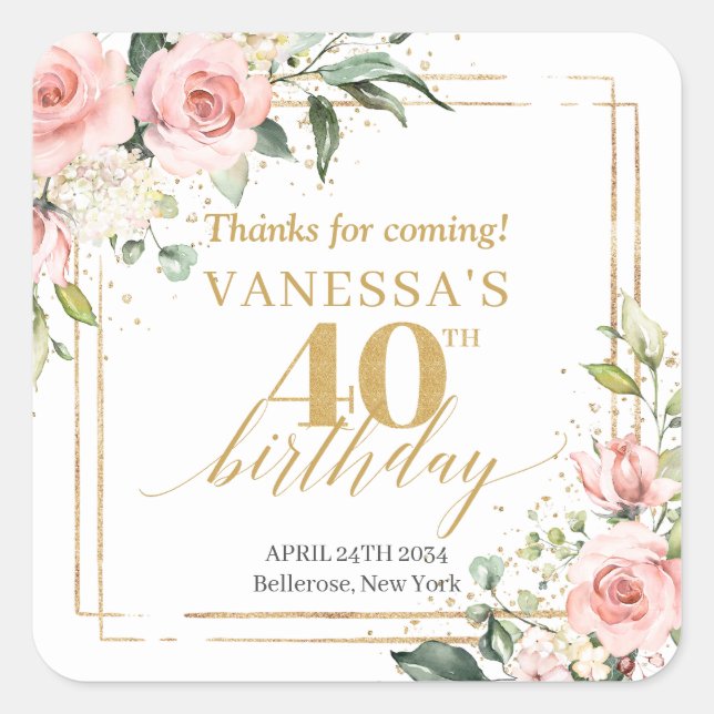 Boho Blush pink floral eucalyptus 40th birthday Square Sticker (Front)