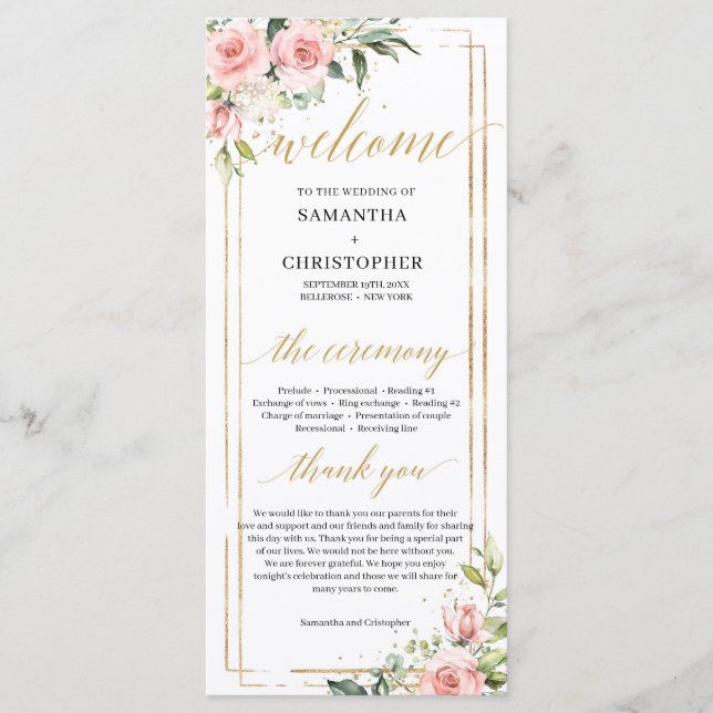 Boho Blush pink floral eucalyptus gold program Programme (Front)