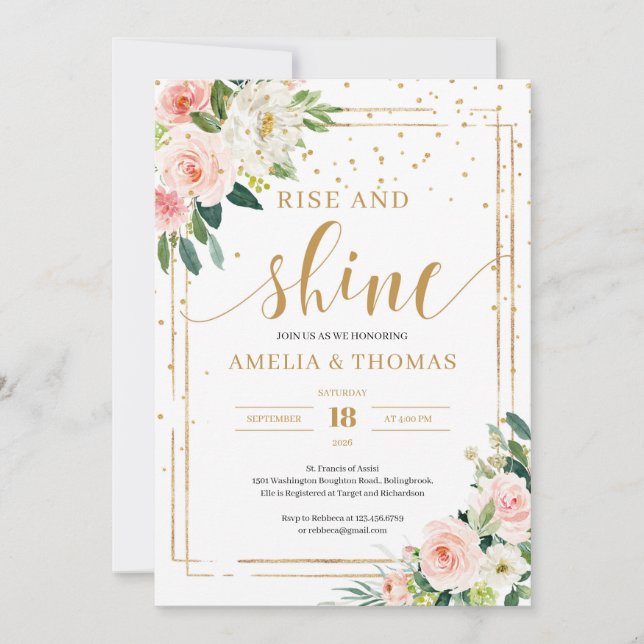 Boho blush pink floral gold frame rise and shine invitation (Front)