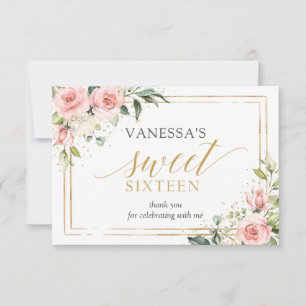Boho Blush pink floral gold glitter 16th Birthday Thank You Card