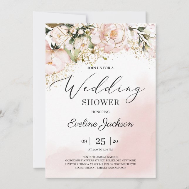 Boho blush pink floral gold glitter wedding shower invitation (Front)