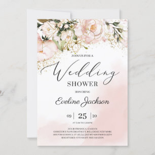 Boho blush pink floral gold glitter wedding shower invitation