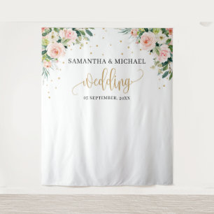 Boho blush pink floral gold green wedding backdrop tapestry