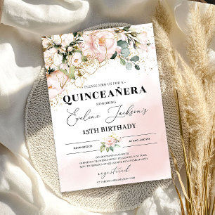 Boho blush pink floral gold leaves quinceanera invitation