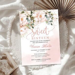 Boho blush pink floral gold leaves sweet sixteen  invitation